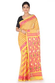 Yellow Handwoven Cotton Jamdani Without Blouse