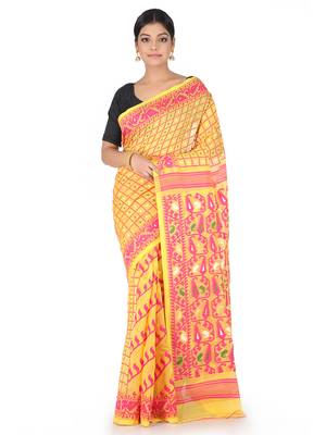 Yellow Handwoven Cotton Jamdani Without Blouse 1