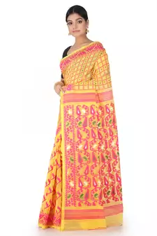 Yellow Handwoven Cotton Jamdani Without Blouse