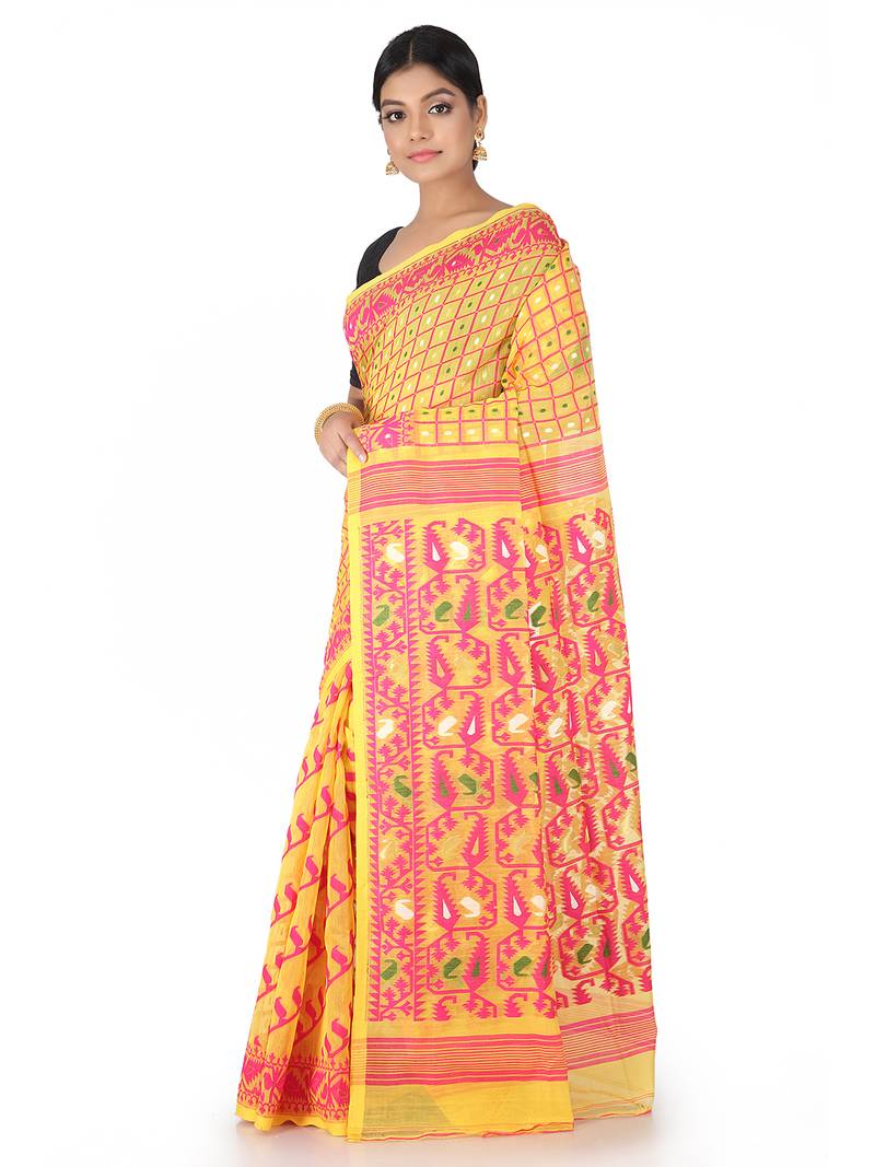 Yellow Handwoven Cotton Jamdani Without Blouse