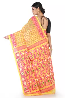 Yellow Handwoven Cotton Jamdani Without Blouse