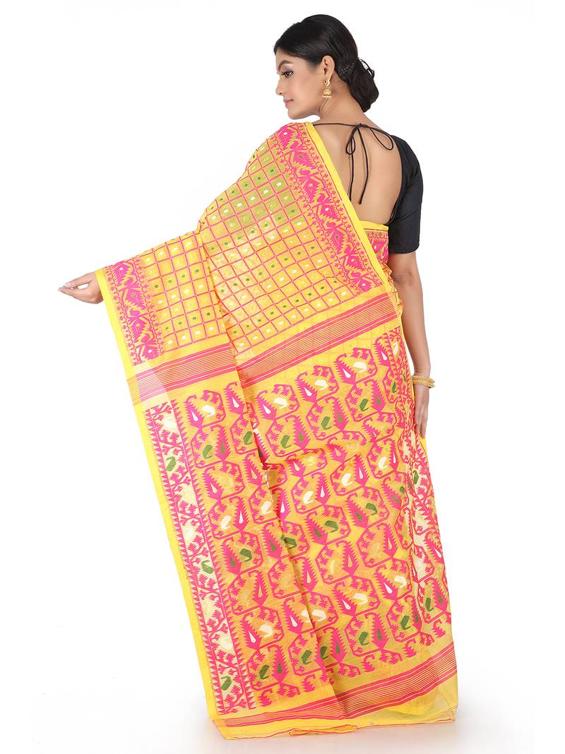 Yellow Handwoven Cotton Jamdani Without Blouse