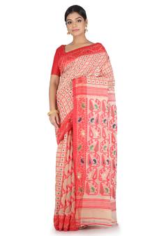 Beige Handwoven Cotton Jamdani Without Blouse