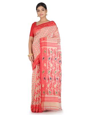 Beige Handwoven Cotton Jamdani Without Blouse 1