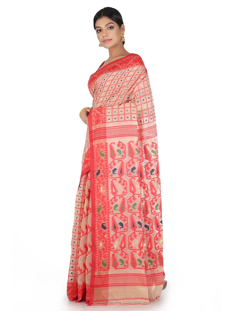 Beige Handwoven Cotton Jamdani Without Blouse