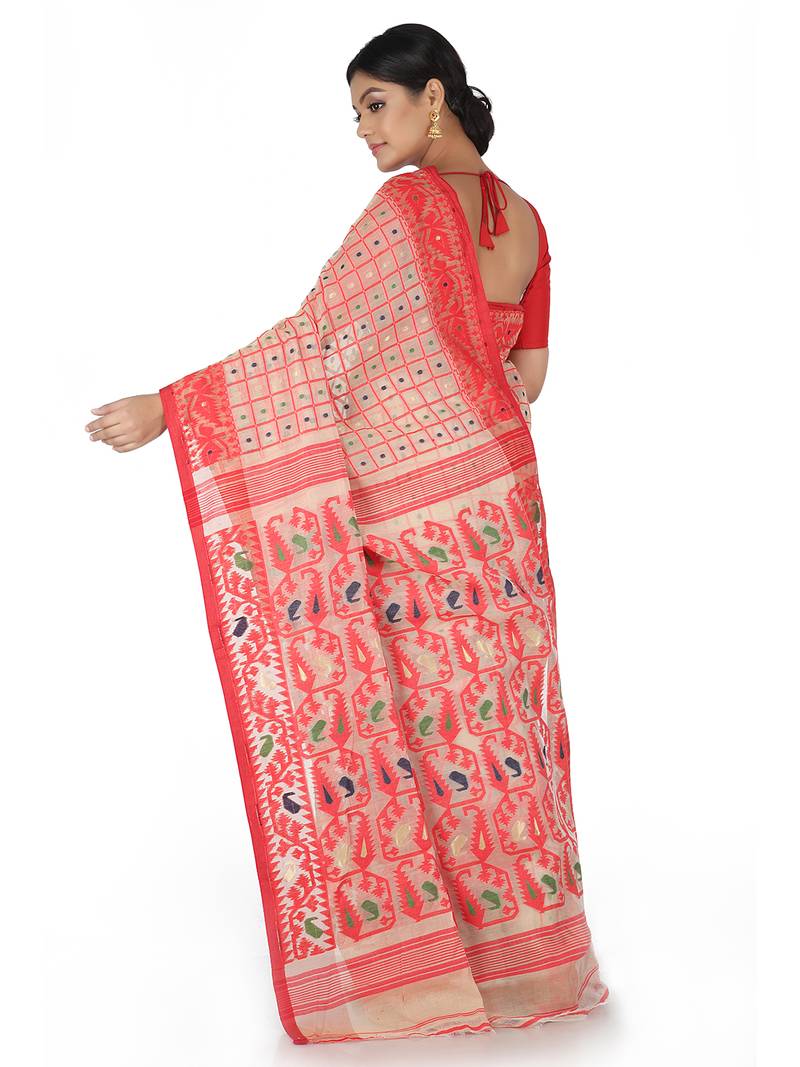 Beige Handwoven Cotton Jamdani Without Blouse