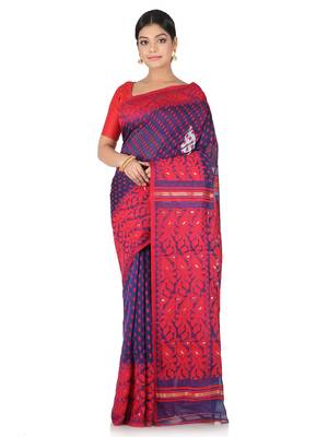 Blue Handwoven Cotton Jamdani Without Blouse 1