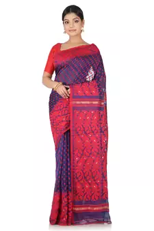 Blue Handwoven Cotton Jamdani Without Blouse