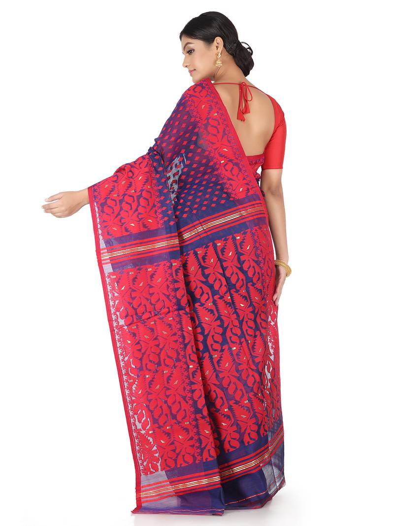 Blue Handwoven Cotton Jamdani Without Blouse