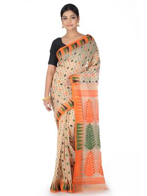 Beige Handwoven Cotton Jamdani Without Blouse 1