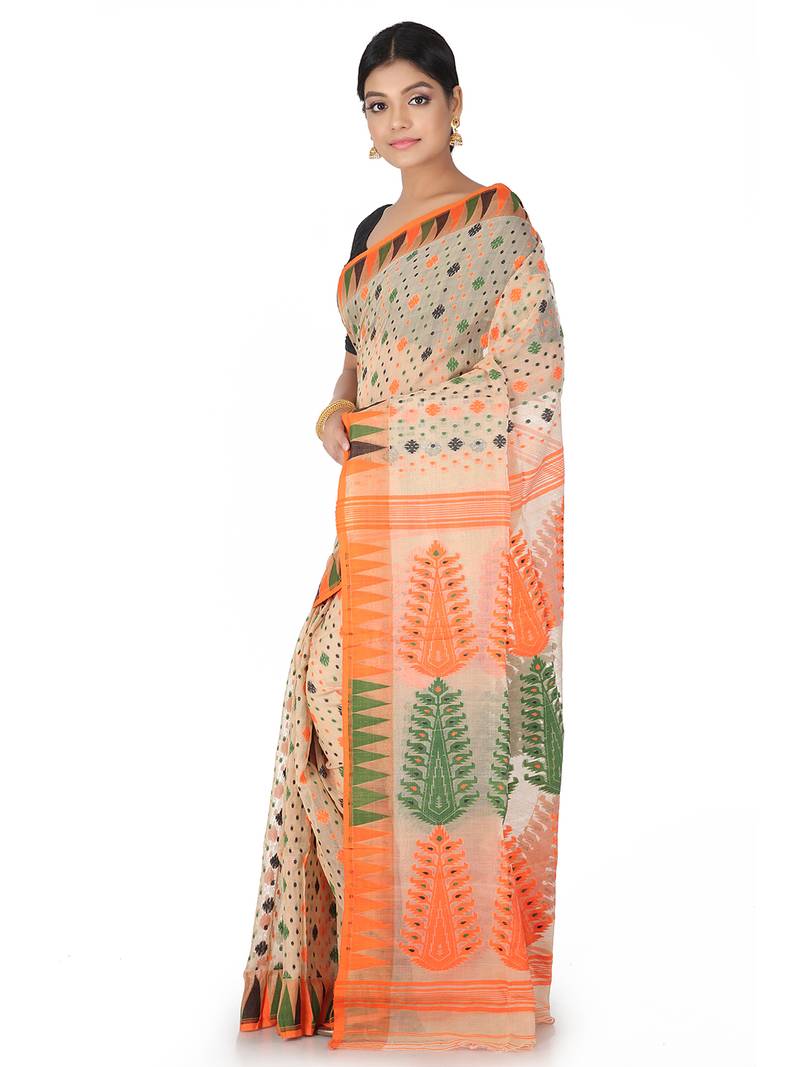 Beige Handwoven Cotton Jamdani Without Blouse