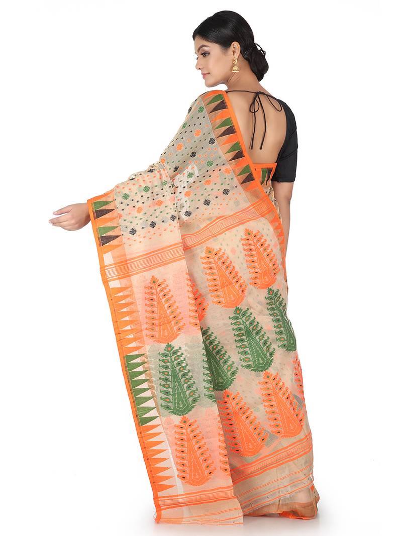 Beige Handwoven Cotton Jamdani Without Blouse