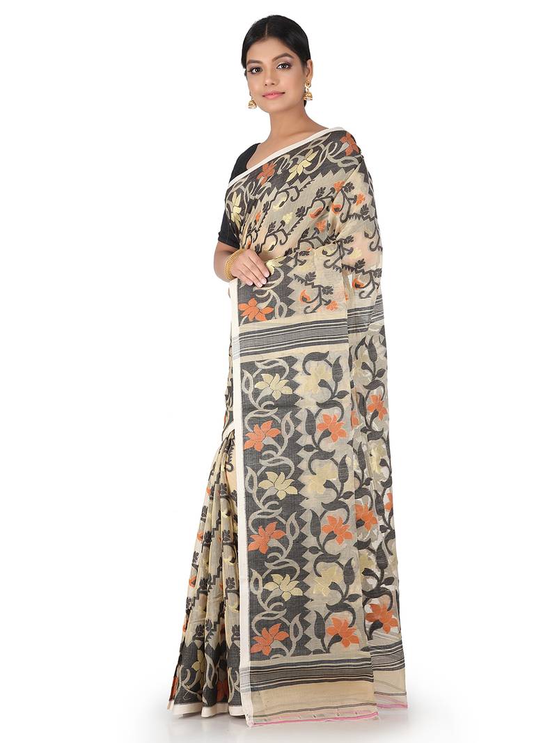 Beige Handwoven Cotton Jamdani Without Blouse