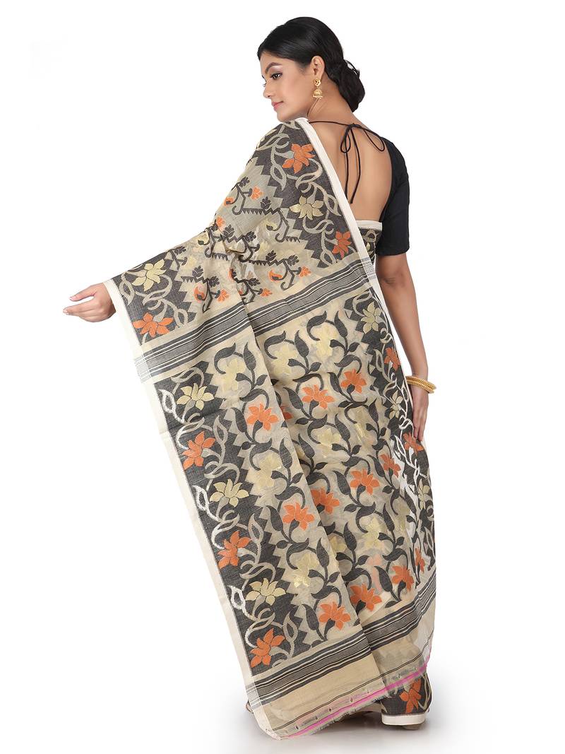 Beige Handwoven Cotton Jamdani Without Blouse