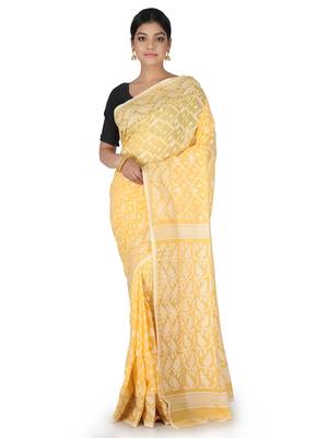 Yellow Handwoven Cotton Jamdani Without Blouse 1