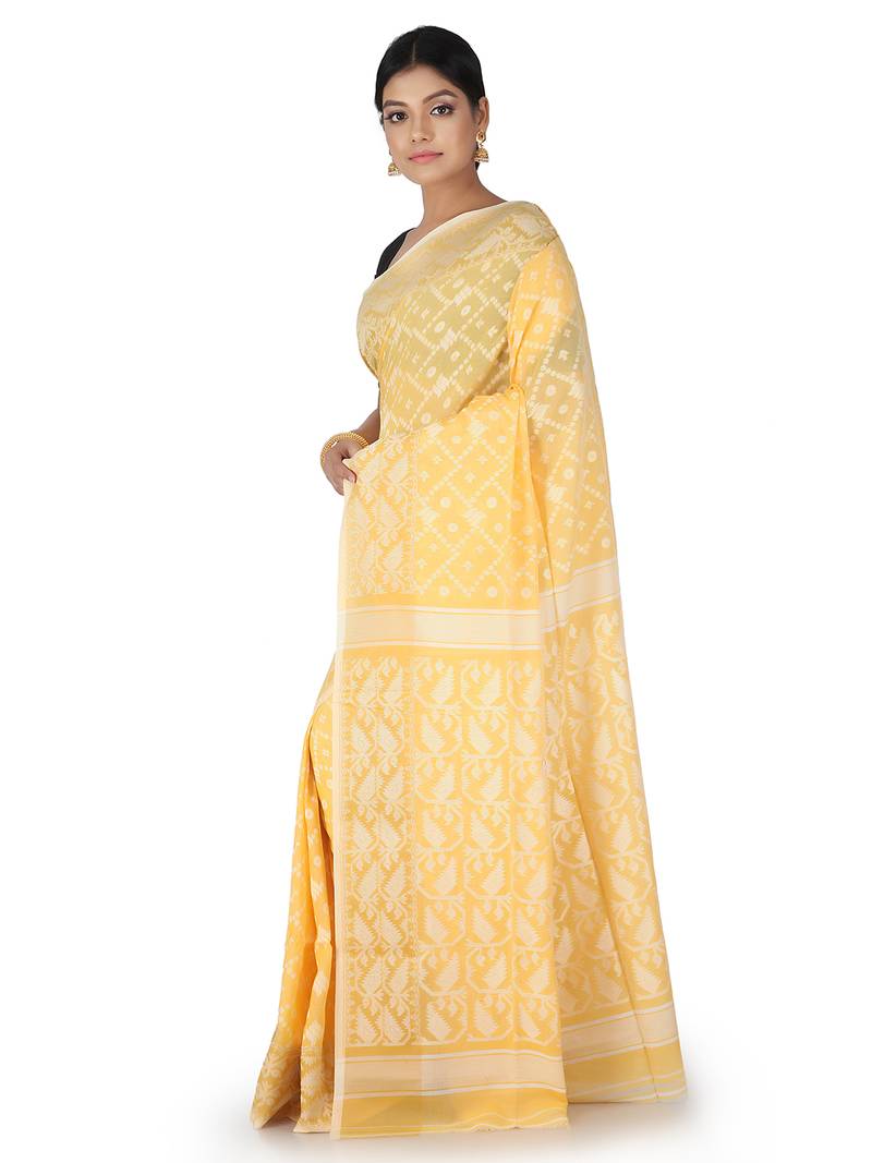 Yellow Handwoven Cotton Jamdani Without Blouse