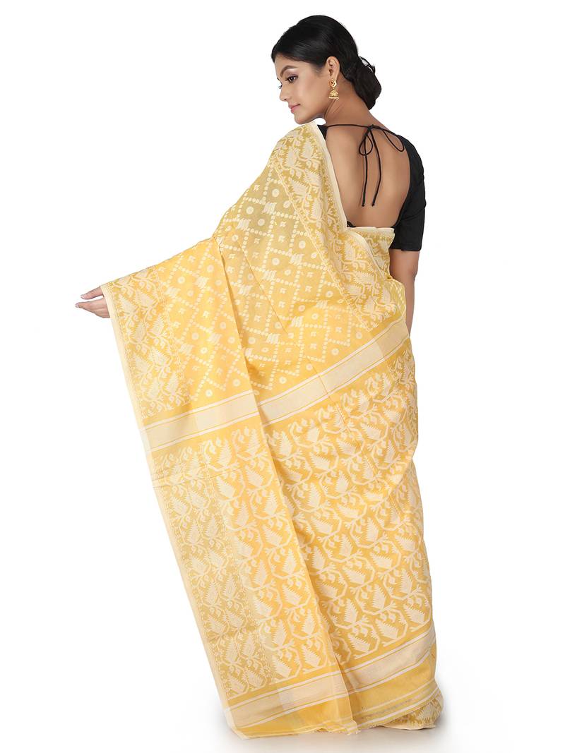 Yellow Handwoven Cotton Jamdani Without Blouse