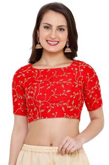 Women's Red Cotton Silk Embroidered Readymade Saree Blouse