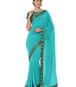 Turquoise plain chiffon saree with blouse