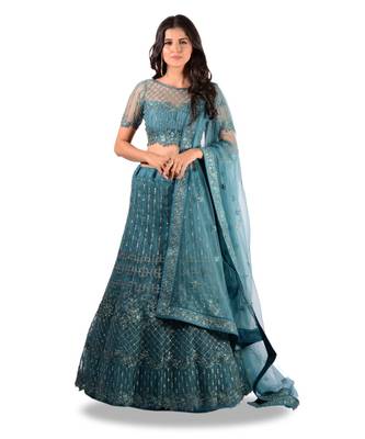 Rama Blue Embroidery Net Semi Stitched Lehenga With Blouse 1