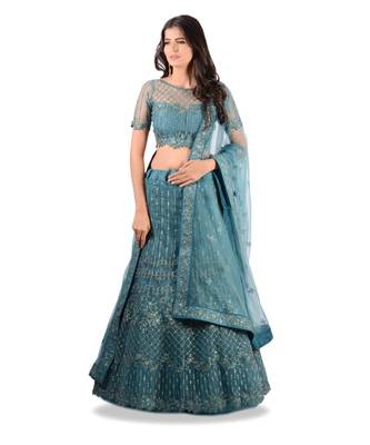 Rama Blue Embroidery Net Semi Stitched Lehenga With Blouse 4
