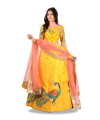 Yellow Embroidery Silk Semi Stitched Lehenga With Blouse 4