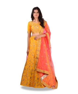 Yellow Embroidery Silk Semi Stitched Lehenga With Blouse 1