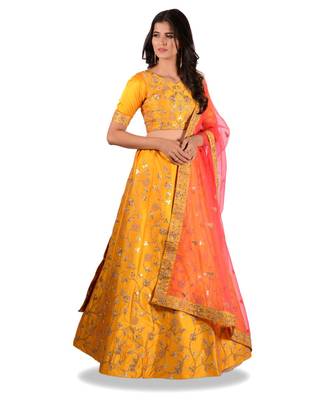 Yellow Embroidery Silk Semi Stitched Lehenga With Blouse 4