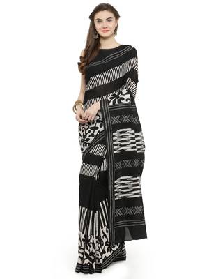   Black Hand Block Printed Cotton Saree With Blouse 2