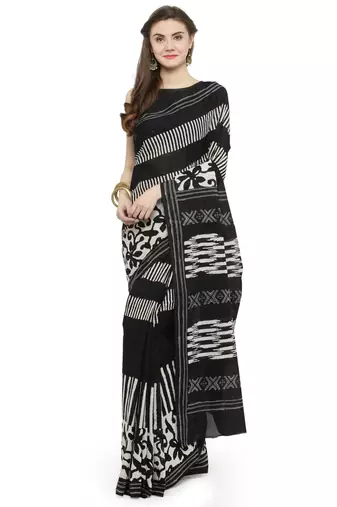   Black Hand Block Printed Cotton Saree With Blouse