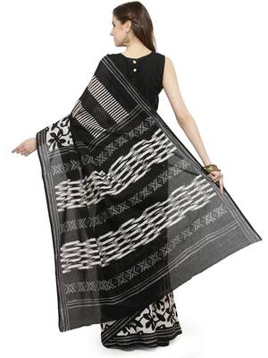   Black Hand Block Printed Cotton Saree With Blouse 1