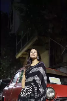  Black Hand Block Printed Cotton Saree With Blouse