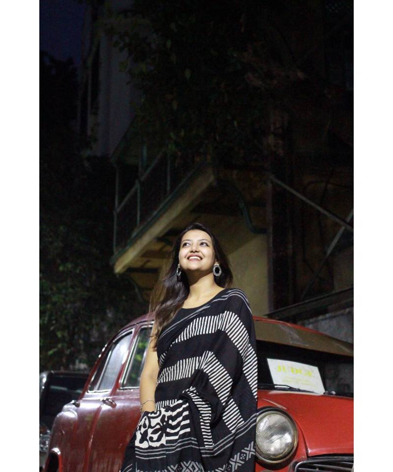 Geroo Jaipur Black Hand Block Printed Cotton Saree With Blouse