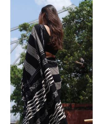   Black Hand Block Printed Cotton Saree With Blouse 4