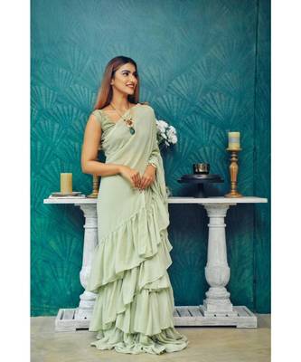 Inddus Pista Green Georgette Solid Ruffle Saree 1