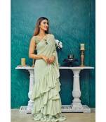 Inddus Pista Green Georgette Solid Ruffle Saree