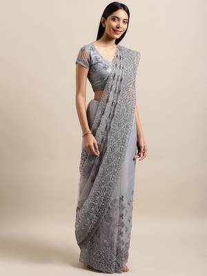 Grey Embroidered Net Saree With Blouse 1