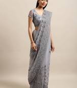 Grey Embroidered Net Saree With Blouse