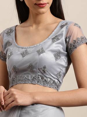 Grey Embroidered Net Saree With Blouse 2