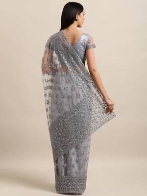 Grey Embroidered Net Saree With Blouse 3