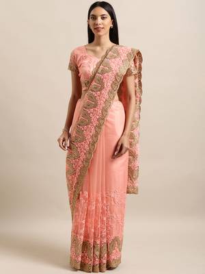 Peach Embroidered Net Saree With Blouse 1