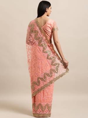 Peach Embroidered Net Saree With Blouse 2