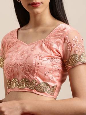 Peach Embroidered Net Saree With Blouse 3