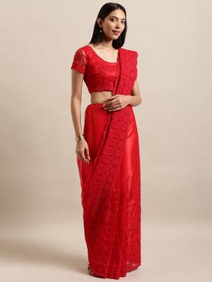 Red Embroidered Net Saree With Blouse 1