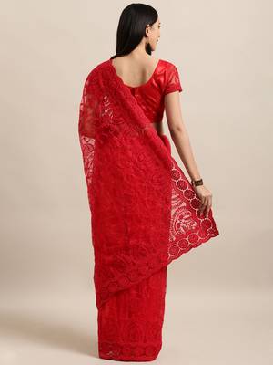 Red Embroidered Net Saree With Blouse 3