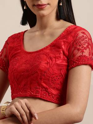 Red Embroidered Net Saree With Blouse 4