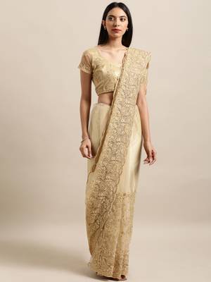 Beige Embroidered Net Saree With Blouse 1