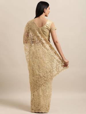 Beige Embroidered Net Saree With Blouse 2