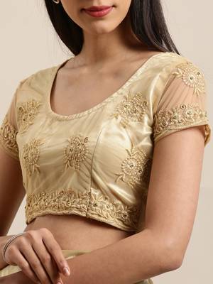 Beige Embroidered Net Saree With Blouse 3