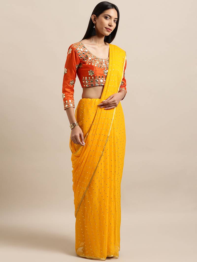 Yellow Plain Nazneen Saree With Blouse